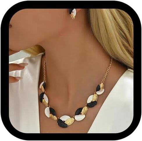 Necklace Sets For Women, Blue And White Leaf Splicing Necklaces And Earrings Enamel Craftsmanship Minimalist Metallic Jewelry Gift in Saudi Arabia