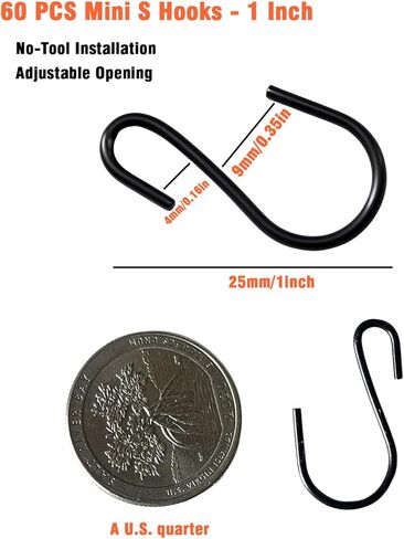 Mini S Hooks, 100 PCS 1 Inch Black S-Hooks for Hanging, Iron Hooks for Jewelry, Kitchen Utensils, Pots, Ornaments, No-Tool Installation Organization in Saudi Arabia