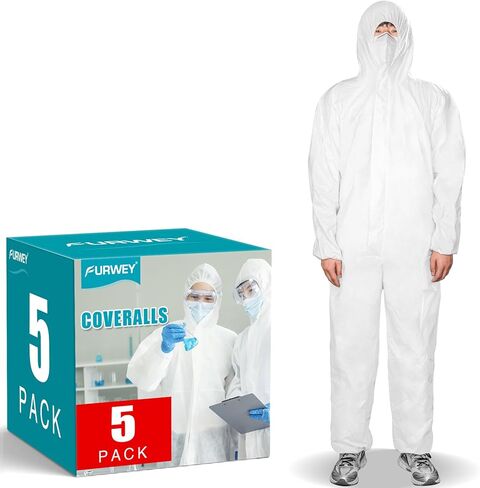 FURWEY Hazmat Suits 5 عبوات من المآزر الواقية التي يمكن التخلص منها، مع معصمين وكاحل وقلنسوة مطاطيين، متوفرة في 4 أحجام in Kuwait