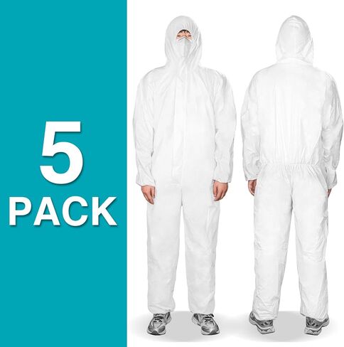 FURWEY Hazmat Suits 5 عبوات من المآزر الواقية التي يمكن التخلص منها، مع معصمين وكاحل وقلنسوة مطاطيين، متوفرة في 4 أحجام in Kuwait