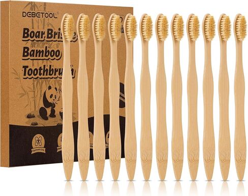 مجموعة من 12 فرشاة أسنان من الخيزران من ديبيتول - فرشاة أسنان بشعيرات الخنزير الطبيعية لصحة اللثة وتبييض الأسنان، فرش أسنان خشبية عضوية للبالغين (خالية من البلاستيك) in Kuwait