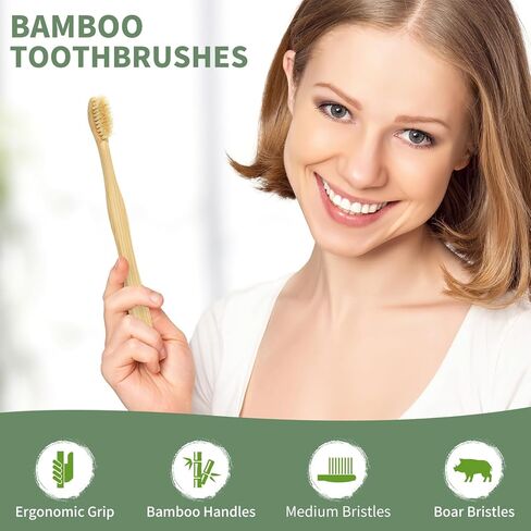 مجموعة من 12 فرشاة أسنان من الخيزران من ديبيتول - فرشاة أسنان بشعيرات الخنزير الطبيعية لصحة اللثة وتبييض الأسنان، فرش أسنان خشبية عضوية للبالغين (خالية من البلاستيك) in Kuwait