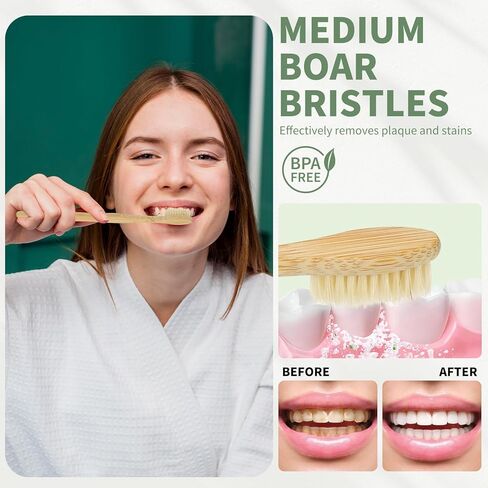مجموعة من 12 فرشاة أسنان من الخيزران من ديبيتول - فرشاة أسنان بشعيرات الخنزير الطبيعية لصحة اللثة وتبييض الأسنان، فرش أسنان خشبية عضوية للبالغين (خالية من البلاستيك) in Kuwait