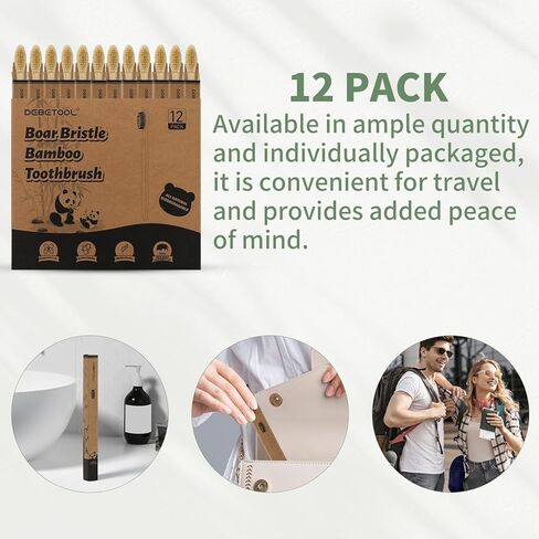 مجموعة من 12 فرشاة أسنان من الخيزران من ديبيتول - فرشاة أسنان بشعيرات الخنزير الطبيعية لصحة اللثة وتبييض الأسنان، فرش أسنان خشبية عضوية للبالغين (خالية من البلاستيك) in Kuwait