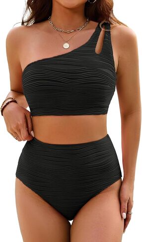 Women's High Waisted Bikini Sets One Shoulder Tummy Control Swimsuits 2 Piece Textured Bathing Suits in Saudi Arabia