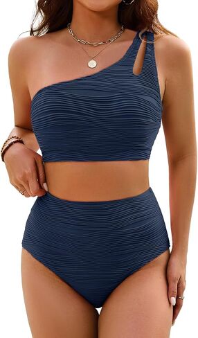 Women's High Waisted Bikini Sets One Shoulder Tummy Control Swimsuits 2 Piece Textured Bathing Suits in Saudi Arabia