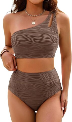 Women's High Waisted Bikini Sets One Shoulder Tummy Control Swimsuits 2 Piece Textured Bathing Suits in Saudi Arabia