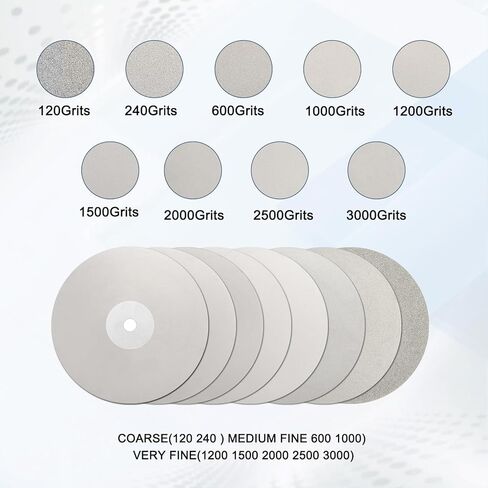 مجموعة أقراص عجلة اللفة المسطحة الماسية 9 قطع، 6 × 1/2 بوصة، حبيبات كاشطة بفتحة أربور 120 240 600 1000 1200 1500 2000 2500 3000 لقطع أو صنفرة الحجر والزجاج in Kuwait
