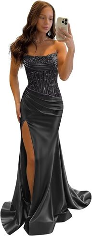 HIZWI Strapless Sequin Prom Dresses for Women Long Mermaid Lace Applique Pleated Satin Formal Evening Gowns in Saudi Arabia