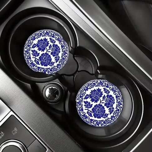 2 PCS Blue & White Porcelain Car Coasters, 2.76" Universal Absorbent Cup Holder Mats, Durable Vintage Floral Interior Decor for Women & Men (Blue & White) in Saudi Arabia