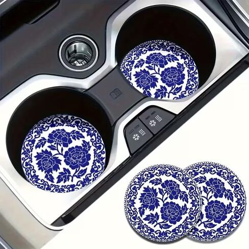 2 PCS Blue & White Porcelain Car Coasters, 2.76" Universal Absorbent Cup Holder Mats, Durable Vintage Floral Interior Decor for Women & Men (Blue & White) in Saudi Arabia