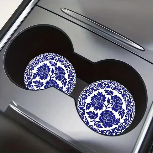 2 PCS Blue & White Porcelain Car Coasters, 2.76" Universal Absorbent Cup Holder Mats, Durable Vintage Floral Interior Decor for Women & Men (Blue & White) in Saudi Arabia
