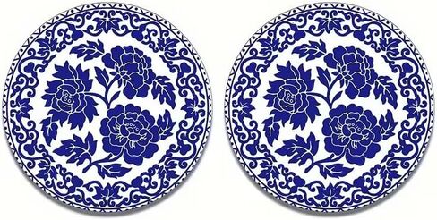 2 PCS Blue & White Porcelain Car Coasters, 2.76" Universal Absorbent Cup Holder Mats, Durable Vintage Floral Interior Decor for Women & Men (Blue & White) in Saudi Arabia