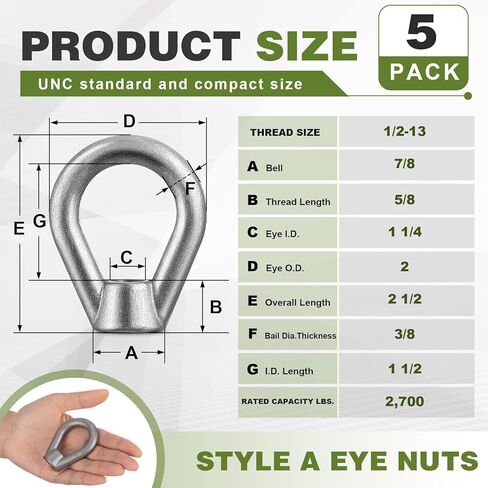 5 Pcs 1/2" Eye Nuts 1/2"-13 Forged Alloy Steel Threaded Fastener Lifting Eye Nuts for Heavy Duty Lifting Construction Machinery, Forestry, Metallurgy, Mining, Electrical Machinery in Saudi Arabia