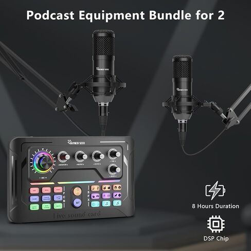 Podcast Equipment Bundle for 2, Audio Mixer with 3.5mm Podcast Microphone, Bluetooth, voice change DJ Mixer for Live Streaming Singing Gaming in Kuwait