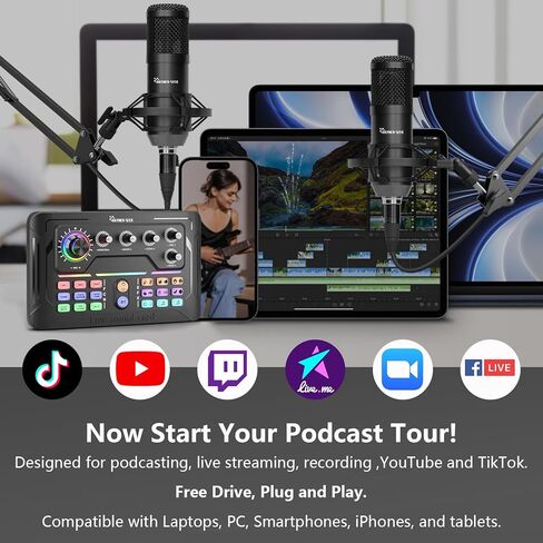 Podcast Equipment Bundle for 2, Audio Mixer with 3.5mm Podcast Microphone, Bluetooth, voice change DJ Mixer for Live Streaming Singing Gaming in Kuwait