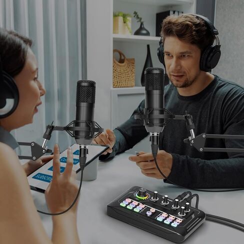 Podcast Equipment Bundle for 2, Audio Mixer with 3.5mm Podcast Microphone, Bluetooth, voice change DJ Mixer for Live Streaming Singing Gaming in Kuwait