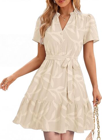 Simplee Womens Short Summer Dresses Casual Short Sleeve Empire Waist A Line Mini Dress V Neck Cute Beach Sundress in Saudi Arabia