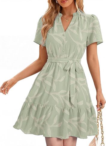 Simplee Womens Short Summer Dresses Casual Short Sleeve Empire Waist A Line Mini Dress V Neck Cute Beach Sundress in Saudi Arabia