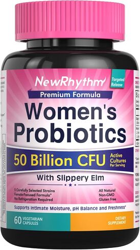 NewRhythm Women's Probiotics Slippery Elm Bark, 50 Billion CFU Per Serving, 5 Strains, All Natural, Non-GMO, Vaginal, Digestive & Immune System Support, 60 Vegan Caps in Kuwait
