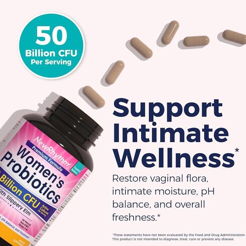 NewRhythm Women's Probiotics Slippery Elm Bark, 50 Billion CFU Per Serving, 5 Strains, All Natural, Non-GMO, Vaginal, Digestive & Immune System Support, 60 Vegan Caps in Kuwait