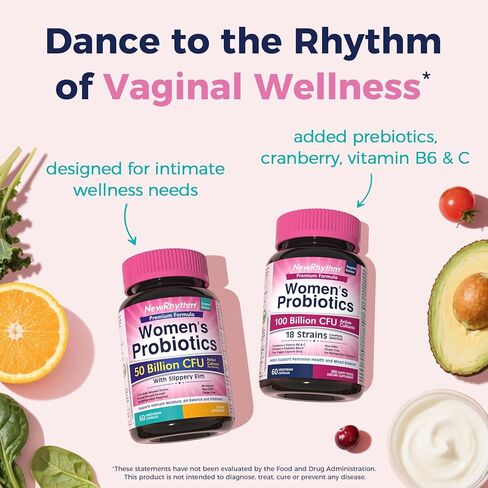 NewRhythm Women's Probiotics Slippery Elm Bark, 50 Billion CFU Per Serving, 5 Strains, All Natural, Non-GMO, Vaginal, Digestive & Immune System Support, 60 Vegan Caps in Kuwait