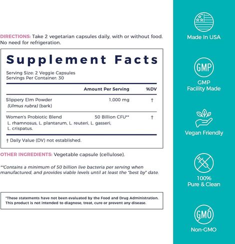 NewRhythm Women's Probiotics Slippery Elm Bark, 50 Billion CFU Per Serving, 5 Strains, All Natural, Non-GMO, Vaginal, Digestive & Immune System Support, 60 Vegan Caps in Kuwait