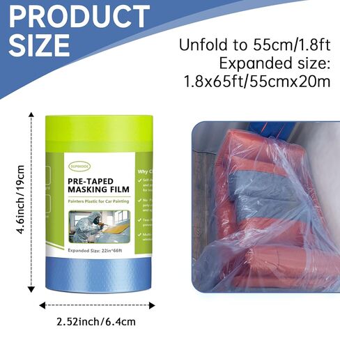 Painters Plastic with Tape 22" x 66',Pre-Taped Masking Film Reinforced Tape and Drape,Tear-Resistant Plastic Painting Film for Car Painting & Home Renovation (2 Rolls) in Saudi Arabia
