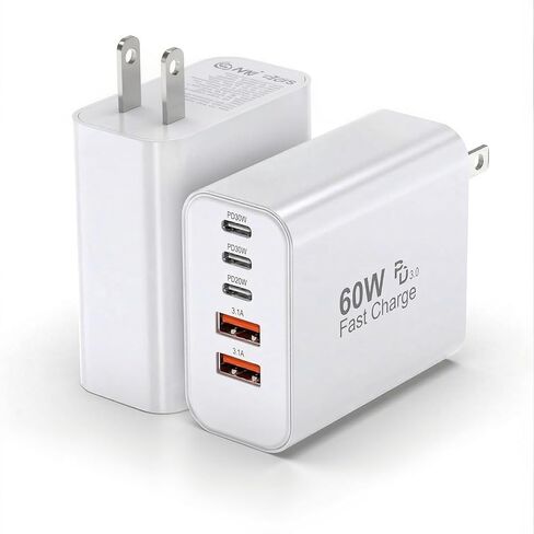 USB C Block 60W, 5 Ports Wall Plug Fast Charging Block, PD+QC Multiport Power Adapter USB C Charger Type C for iPhone 16,15,14,13,12, Pro Max, Galaxy S25, S24, Watch, Tablet, Smartphones -2Pack in Saudi Arabia
