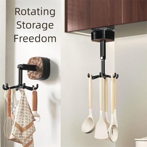 Rotating Kitchen Utensil Rack, 360° Swivel Wall-Mounted Hook Holder with 6 Hooks, Adhesive No-Drill Hanger for Pots, Pans, Spatulas, Towels, Black & Wood Grain in Saudi Arabia