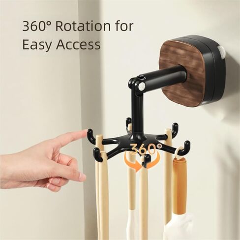 Rotating Kitchen Utensil Rack, 360° Swivel Wall-Mounted Hook Holder with 6 Hooks, Adhesive No-Drill Hanger for Pots, Pans, Spatulas, Towels, Black & Wood Grain in Saudi Arabia