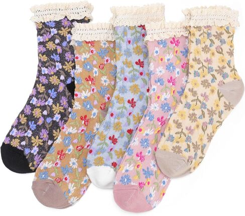 scenicamp 6 Pairs Floral Ruffle Crew Socks for Women Cute Vintage Patterned Ankle Casual Fashion Dress Sock in Saudi Arabia
