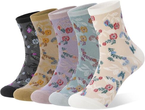 scenicamp 6 Pairs Floral Ruffle Crew Socks for Women Cute Vintage Patterned Ankle Casual Fashion Dress Sock in Saudi Arabia