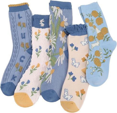 scenicamp 6 Pairs Floral Ruffle Crew Socks for Women Cute Vintage Patterned Ankle Casual Fashion Dress Sock in Saudi Arabia