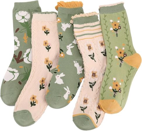 scenicamp 6 Pairs Floral Ruffle Crew Socks for Women Cute Vintage Patterned Ankle Casual Fashion Dress Sock in Saudi Arabia