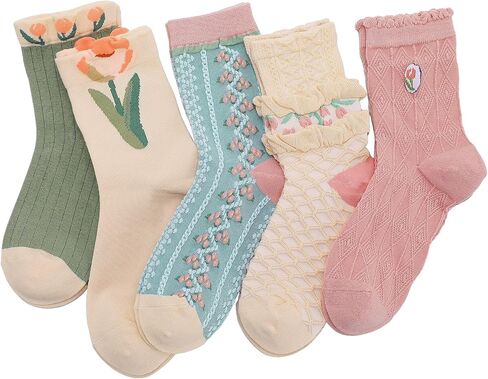 scenicamp 6 Pairs Floral Ruffle Crew Socks for Women Cute Vintage Patterned Ankle Casual Fashion Dress Sock in Saudi Arabia