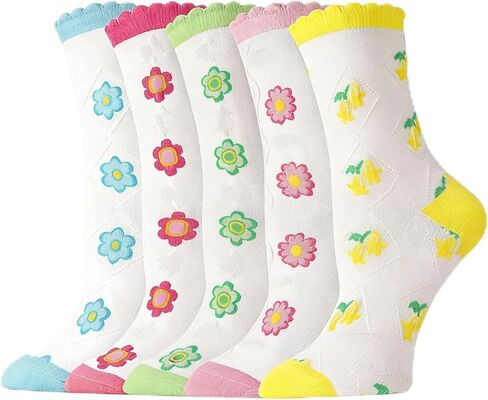 scenicamp 6 Pairs Floral Ruffle Crew Socks for Women Cute Vintage Patterned Ankle Casual Fashion Dress Sock in Saudi Arabia