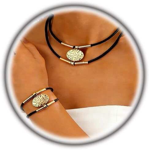 Gold Costume Jewelry Sets for Women,Fashion Black Choker Necklaces Chunky Leather Bracelets,Boho Festival Prom Jewelry Accessories Gifts in Saudi Arabia