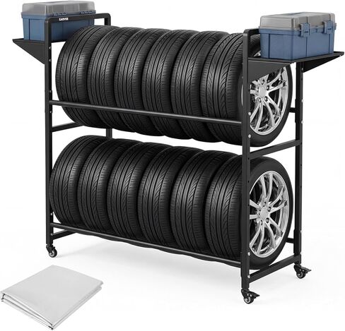 Garvee Tire Storage Rack Adjustable Rolling with Anti-Dust Cover, 44" x 16" x 44", Black, 4 Swivel Casters & 2 Storage Shelves for Garage Organization in Saudi Arabia