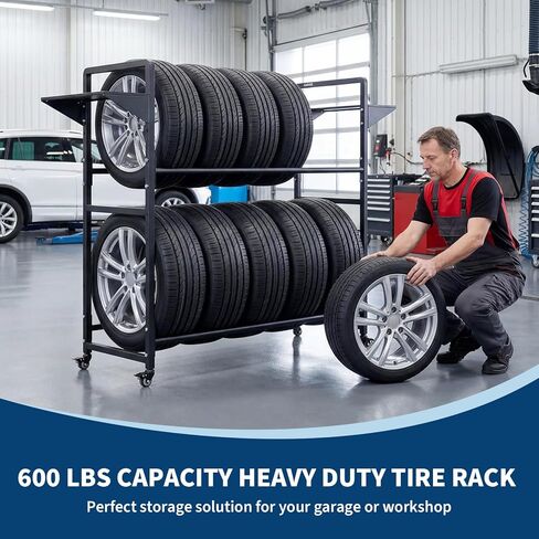 Garvee Tire Storage Rack Adjustable Rolling with Anti-Dust Cover, 44" x 16" x 44", Black, 4 Swivel Casters & 2 Storage Shelves for Garage Organization in Saudi Arabia