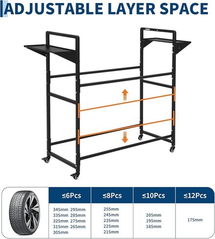 Garvee Tire Storage Rack Adjustable Rolling with Anti-Dust Cover, 44" x 16" x 44", Black, 4 Swivel Casters & 2 Storage Shelves for Garage Organization in Saudi Arabia