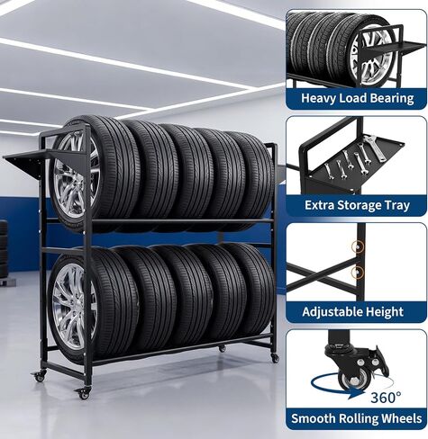 Garvee Tire Storage Rack Adjustable Rolling with Anti-Dust Cover, 44" x 16" x 44", Black, 4 Swivel Casters & 2 Storage Shelves for Garage Organization in Saudi Arabia