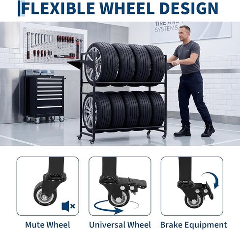 Garvee Tire Storage Rack Adjustable Rolling with Anti-Dust Cover, 44" x 16" x 44", Black, 4 Swivel Casters & 2 Storage Shelves for Garage Organization in Saudi Arabia