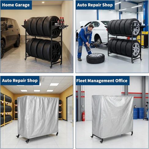 Garvee Tire Storage Rack Adjustable Rolling with Anti-Dust Cover, 44" x 16" x 44", Black, 4 Swivel Casters & 2 Storage Shelves for Garage Organization in Saudi Arabia