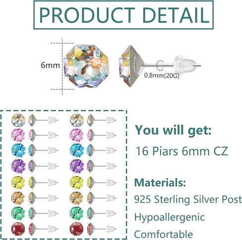 KASFREE 14 زوجًا من أقراط الزركونيا المكعبة الملونة للنساء 925 من الفضة الاسترليني بعد ترصيع مضادة للحساسية 6 مم 8 مم in Kuwait