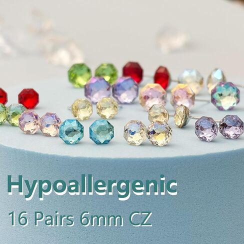 KASFREE 14 زوجًا من أقراط الزركونيا المكعبة الملونة للنساء 925 من الفضة الاسترليني بعد ترصيع مضادة للحساسية 6 مم 8 مم in Kuwait