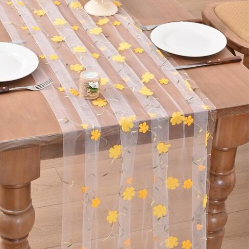 Joanlody Beige Spring Summer Table Runner 10ft Embroidery Floral Wildflowers Seasonal Rustic Gauze Runner for Baby Shower Wedding Party Holiday Home Kitchen Dining Table Decor in Saudi Arabia