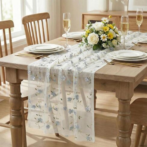 Artoid Mode Dusty Blue 3D Flower Gauze Embroidery Table Runner 120 Inch 10FT, Tulle Seasonal Spring Kitchen Dining Holiday Table Decor for Home Party in Saudi Arabia