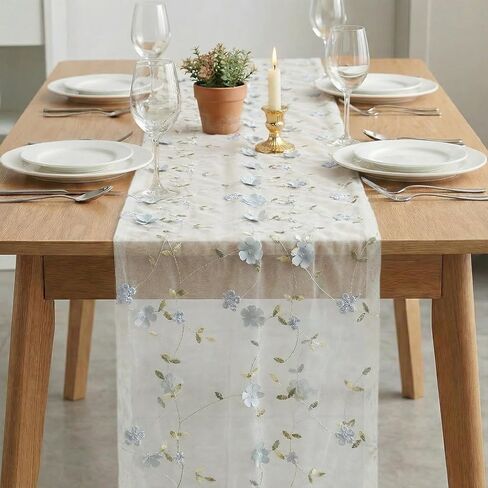Artoid Mode Dusty Blue 3D Flower Gauze Embroidery Table Runner 120 Inch 10FT, Tulle Seasonal Spring Kitchen Dining Holiday Table Decor for Home Party in Saudi Arabia