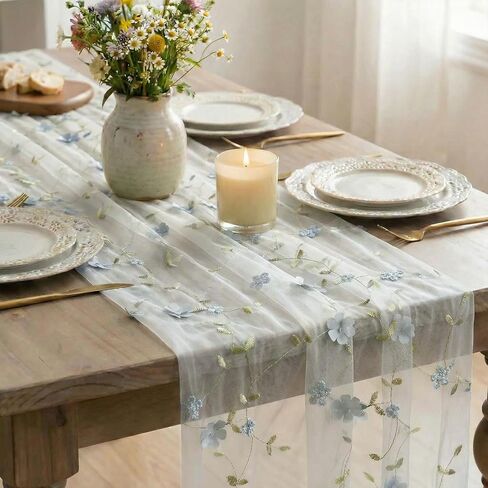Artoid Mode Dusty Blue 3D Flower Gauze Embroidery Table Runner 120 Inch 10FT, Tulle Seasonal Spring Kitchen Dining Holiday Table Decor for Home Party in Saudi Arabia